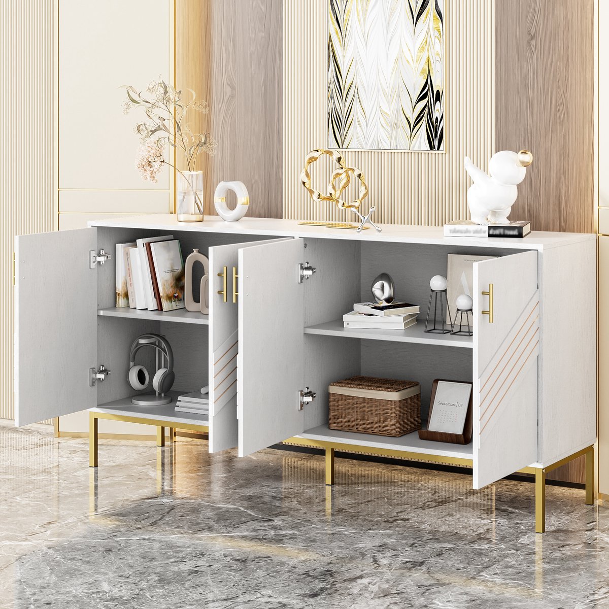 DESMIU Dressoir - Modern Opbergmeubel Met 4 Deuren En Verstelbare Planken - Voor Woonkamer En Hal - MDF In Wit Met Houtlook - 160x40x80,5 Cm