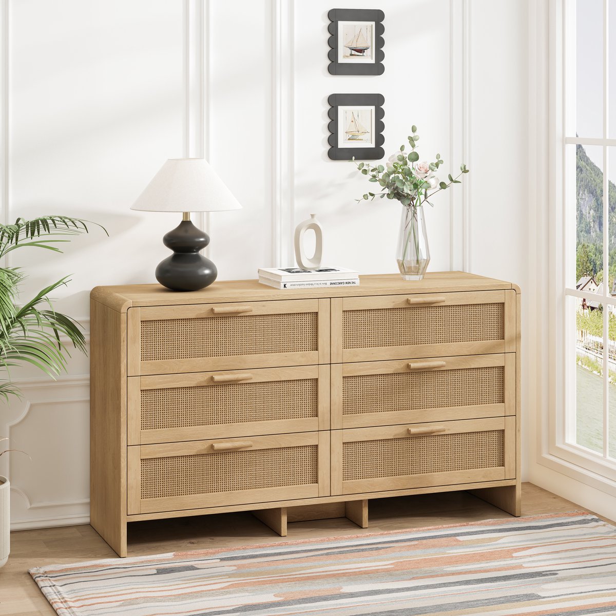 DESMIU Ladekast - Natuurlijke Rotan Opbergkast Met 6 Laden - Veelzijdig Voor Woonkamer Slaapkamer En Keuken - Spaanplaat - 130 Cm - Naturel