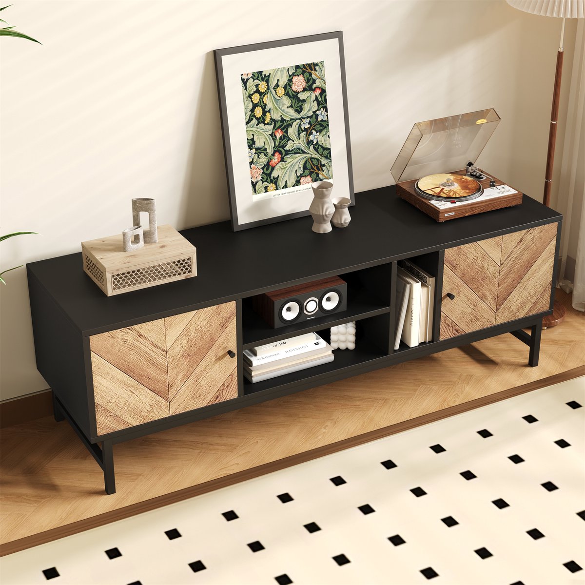DESMIU Tv Meubel - Modern Contrastdesign Met Veel Opbergruimte - Voor Woonkamer En Slaapkamer - Spaanplaat En Metaal - 150x38x55 Cm - Zwart Naturel