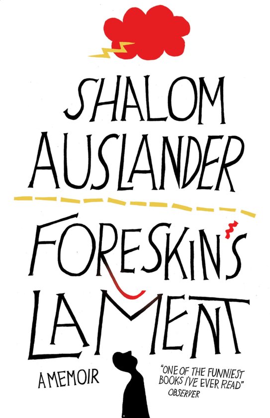 Couverture du livre 'FORESKIN'S LAMENT' par Shalom Auslander. Un nuage rouge avec un éclair au-dessus du titre.