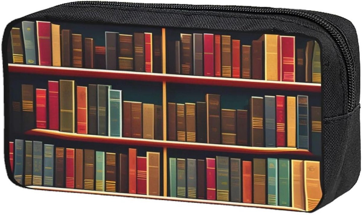 Etui Boekenplank Print - Pennendoos Organizer - School Kantoor - Duurzaam Oxford Doek - Ruim Compartiment - Zwart