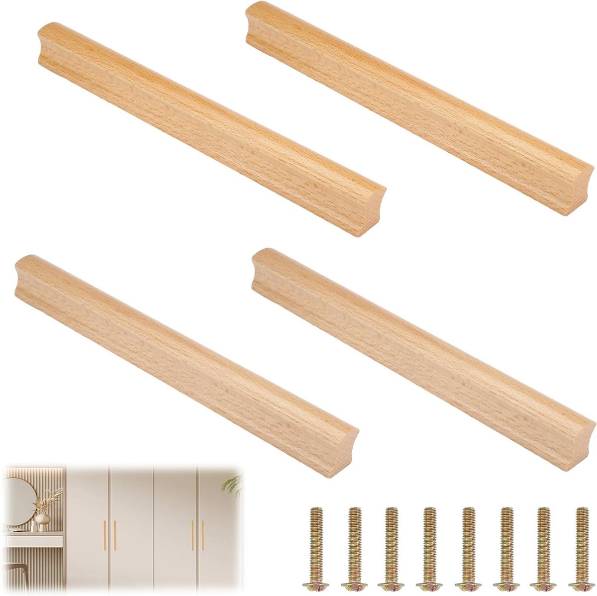 Houten meubelgrepen set van 4, 192 mm gatenafstand voor kasten, ideaal voor keukens, laden en kasten, inclusief 8 schroeven