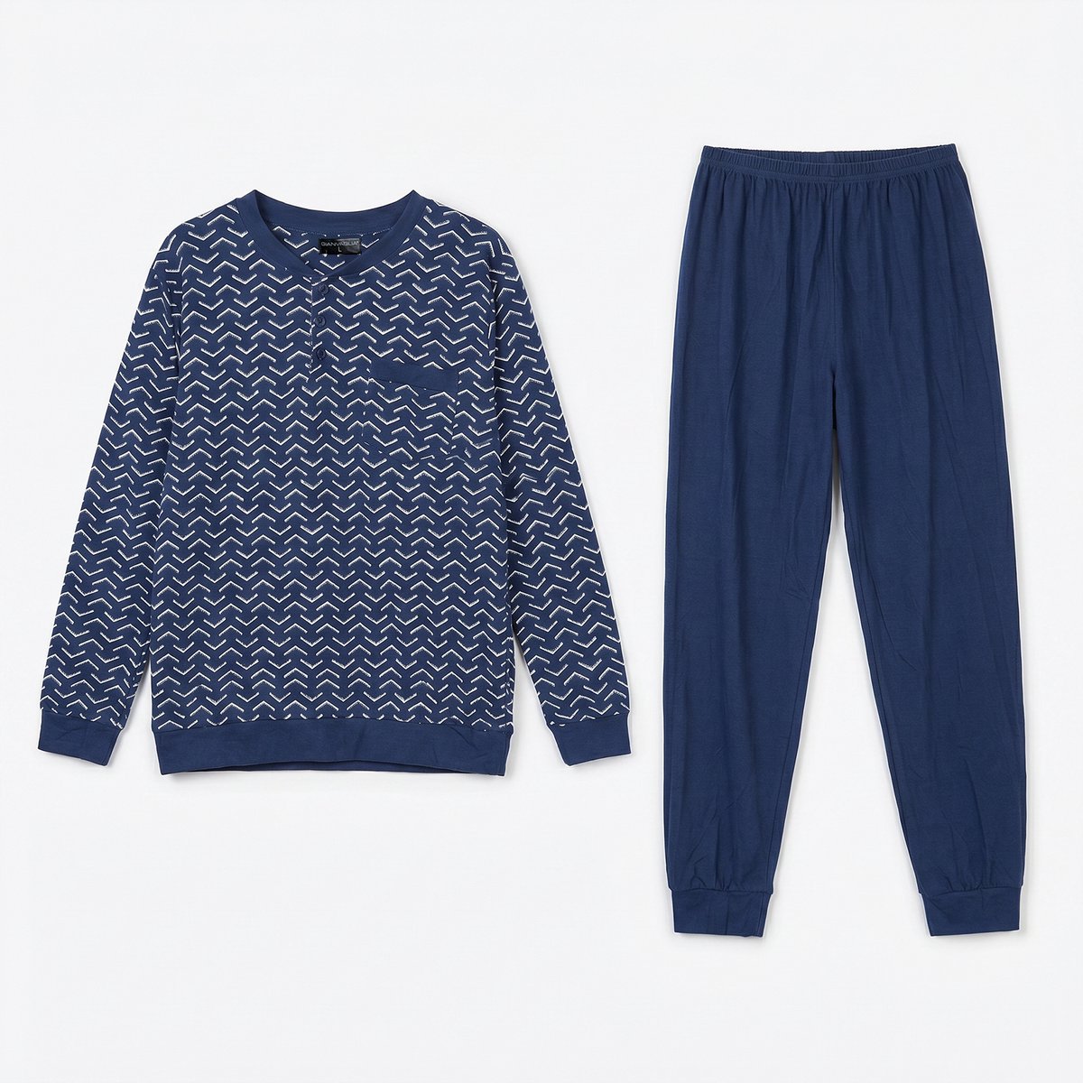 Heren Pyjama Met knoopjes Lange Mouw Lange Broek - Katoen - Donkerblauw - Maat XL - 2504-Blue-XL