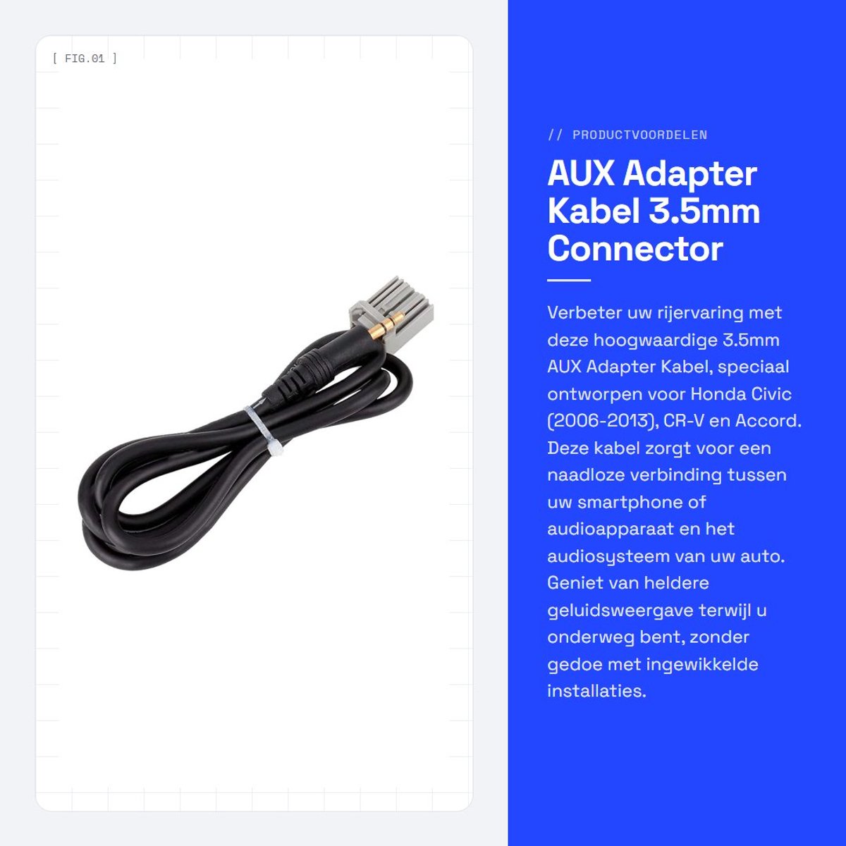 Dailygoods - AUX Adapter Kabel - 3.5mm Connector - Geschikt voor Honda Civic CR-V Accord - Audiokabel voor Auto - Hoogwaardige Geluidskwaliteit - Idea...