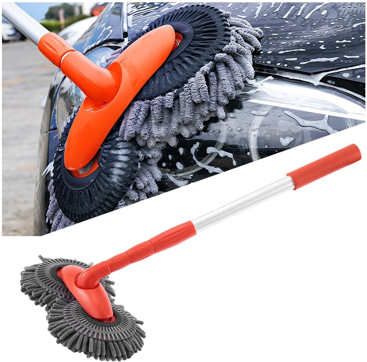 Dailygoods- Autowasborstel Dubbel Hoofdontwerp - Tweekoppige Autowasborstel - Microfiber Ruitenreiniger - Telescopisch - Coral Fleece - 360 Graden Draaiend - Autodweil