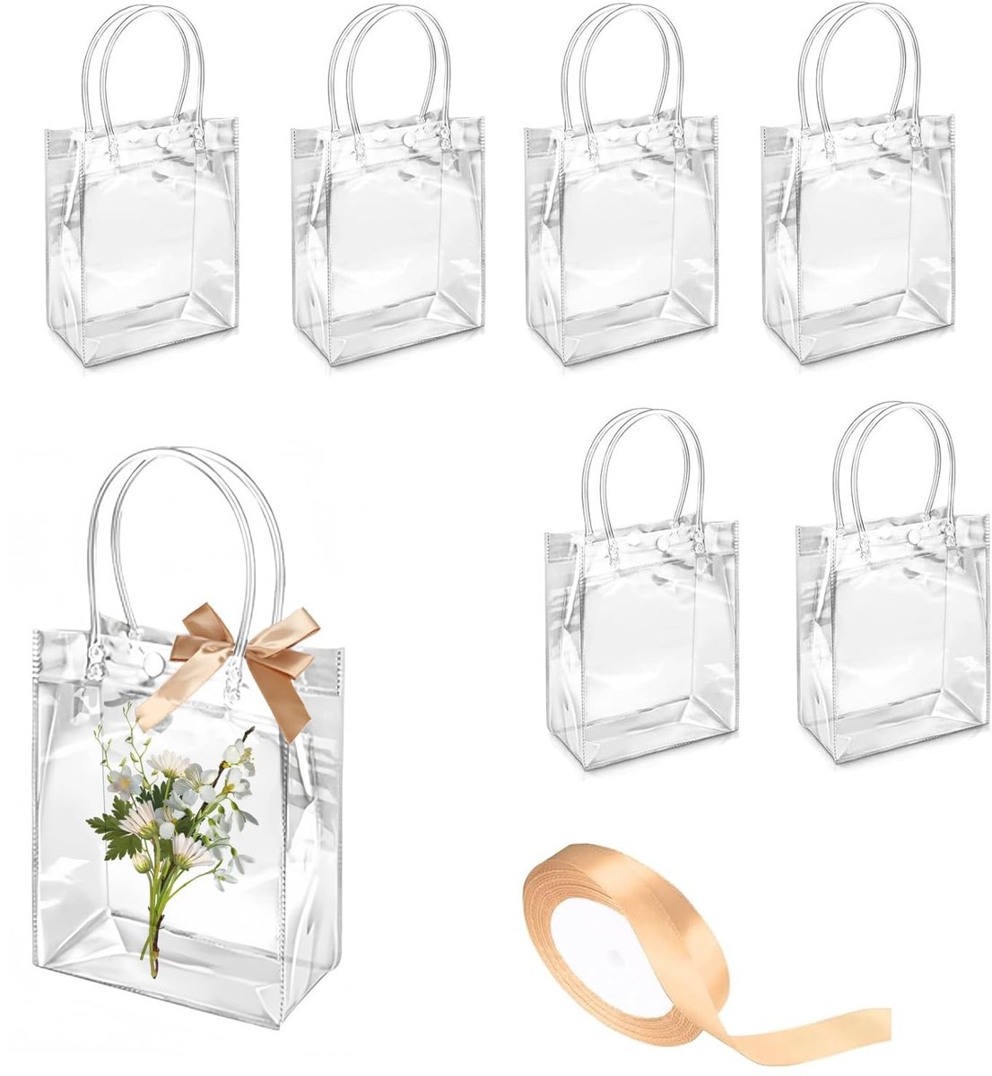 Dailygoods- Cadeauzakjes 6 stuks - Transparant - Herbruikbaar - Waterdicht - Met handgrepen - 25 x 20 x 7 cm - Hoge kwaliteit PVC - Geschenkzakjes