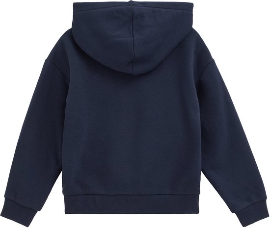 Donkerblauwe hoodie van achteren gezien, met capuchon en geribbelde boorden.