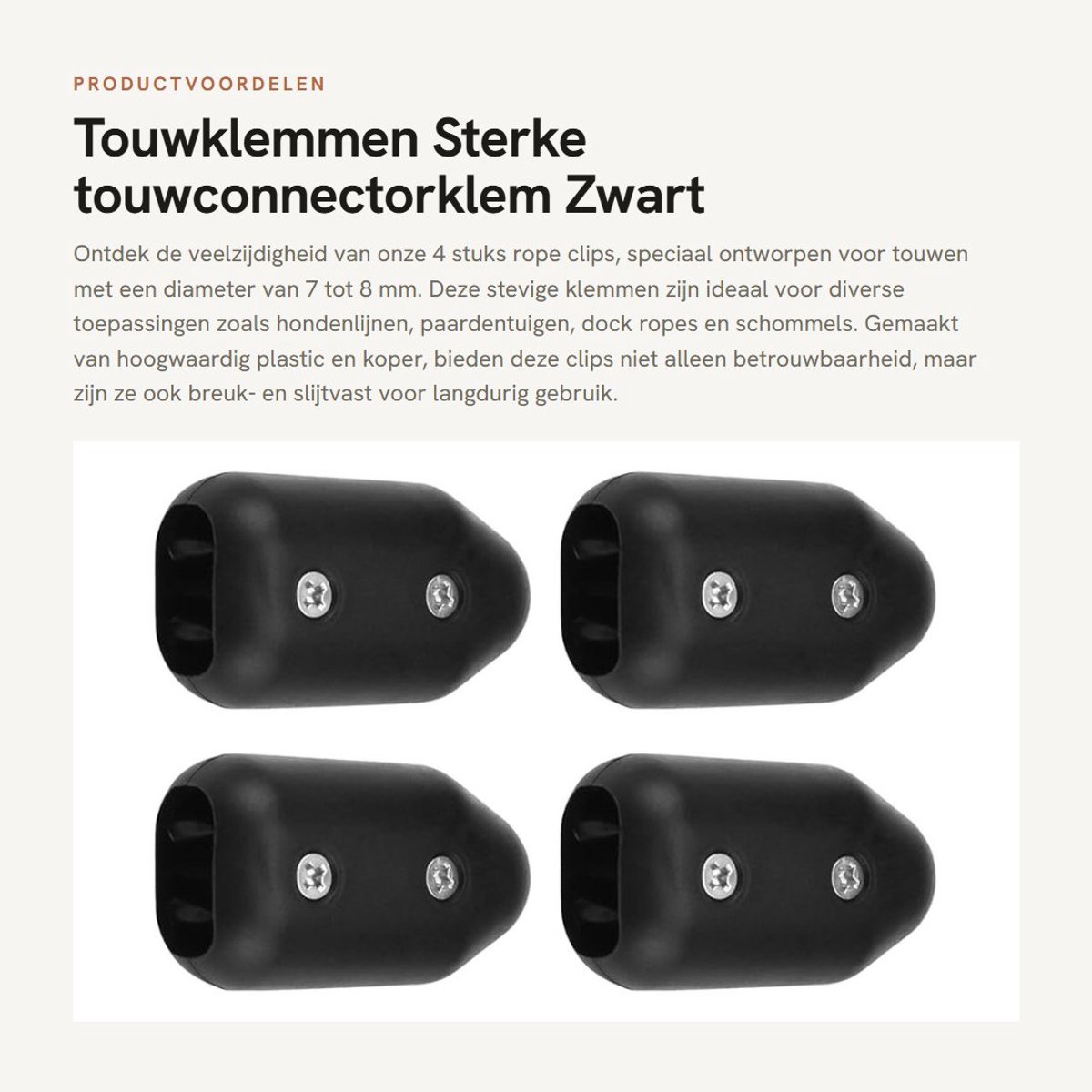 Dailygoods- Touwklemmen 4 Stuks - Touwconnectorklem - Geschikt voor 6,5-8 mm Touw - Zwart - Sterk Gevlochten Touw - 5 x 2,7 x 2 cm - Touwconnector
