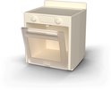 Wit speelgoed fornuis met open ovendeur.
