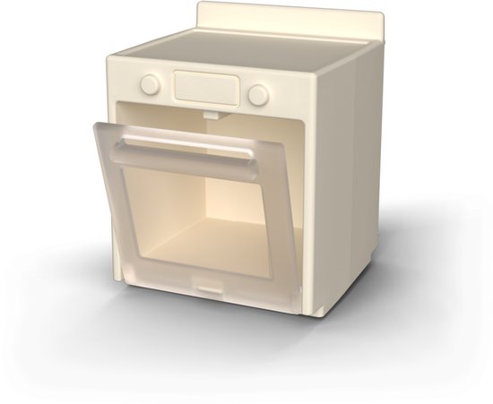 Wit speelgoed fornuis met open ovendeur.