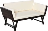 2-zits inklapbare tuinbank, outdoor loungesofa, multifunctionele verstelbare ligbank 129x63x67cm beige stevig duurzaam stalen frame inklapbare armleuningen rotan-look afneembare en wasbare kussens geschikt voor balkon terras tuin buitengebruik