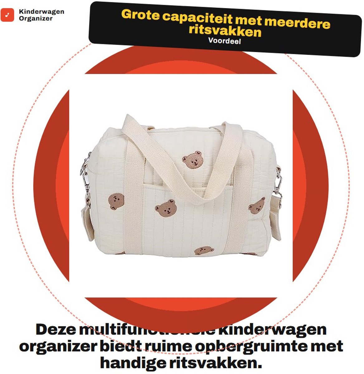 Dailygoods- Kinderwagen Organizer Grote Capaciteit - Katoenen Zak - Herbruikbaar - Multifunctioneel - Ritsvakken - Duurzaam - Kinderwagenzak