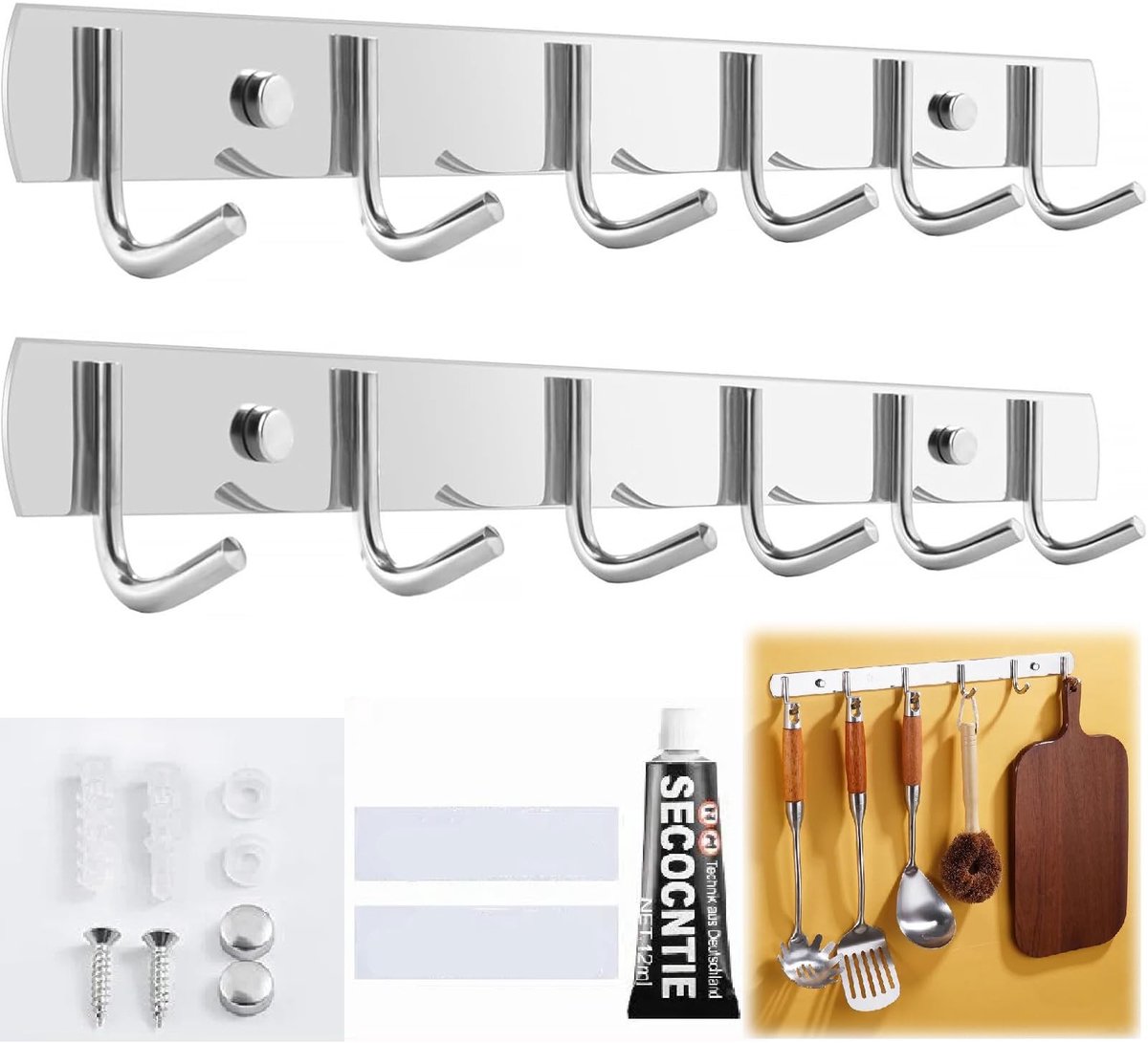 Dailygoods- Kledinghaken Ruimtebesparend - Wandhaken - Keukenhaken - Wandgarderobe - Roestvrij Staal - 44 x 3 x 1 cm