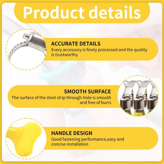 Dailygoods- Slangklemmen Set van 16 - Roestvrij Staal - Verstelbare Klemmen - PVC-Draaigreep - Gereedschapsvrij - Glad Randontwerp - Slangklem — afbeelding 3