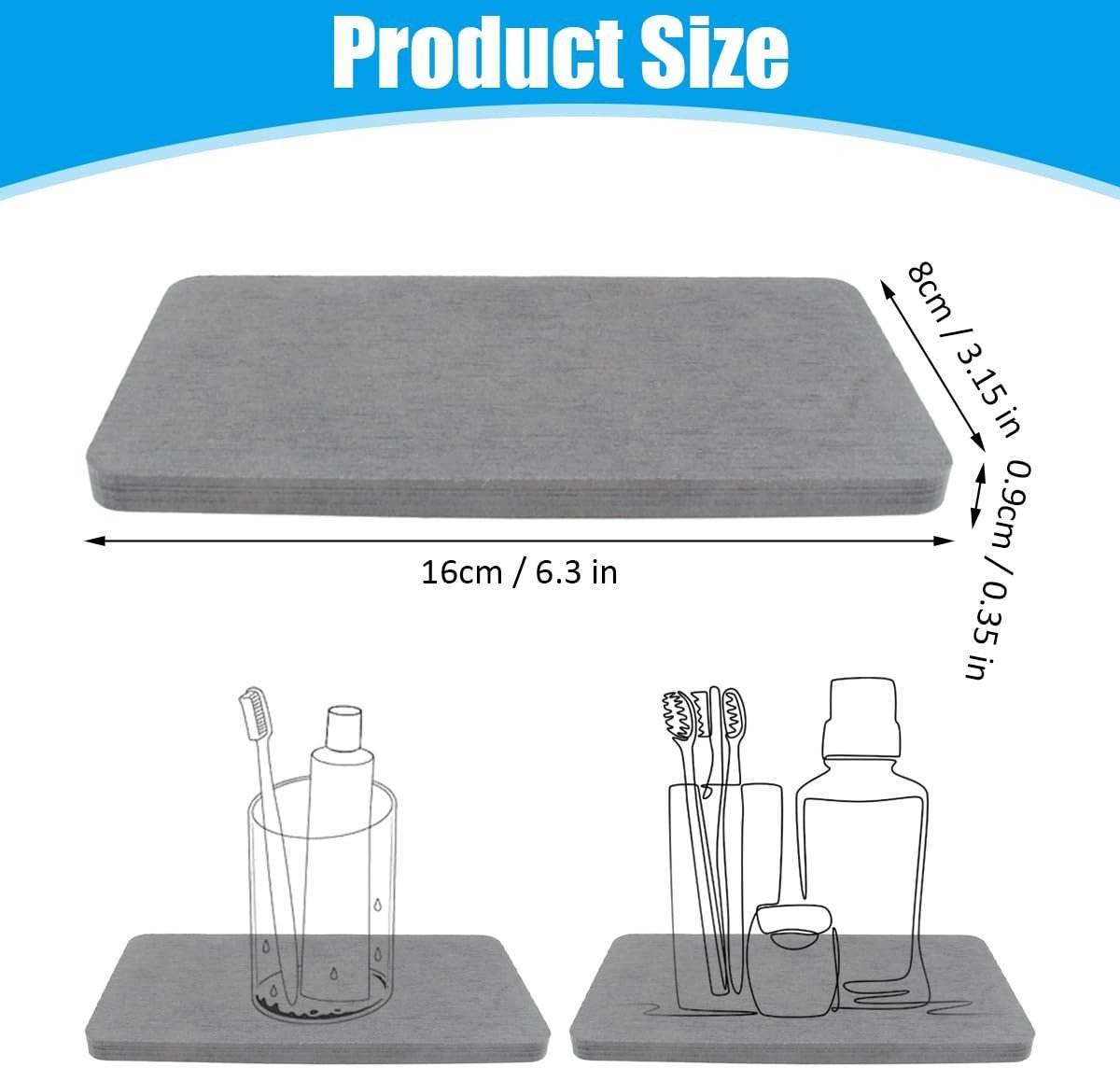 Dailygoods- Onderzetters Waterabsorberend - 4 Stuks - Diatomeeënaarde - Voor Wastafel/Keukenspoelbak - 16 x 8 cm - Duurzaam - Onderzetter