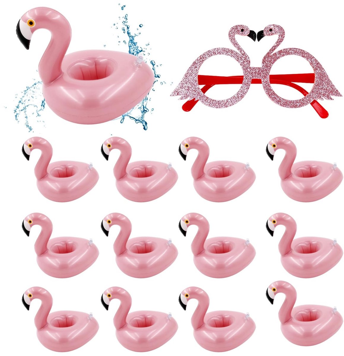 Dailygoods- Bekerhouder Opblaasbaar - 12 Flamingo's - Drankhouder Zwembad - Decoratie Zomerfeest - Duurzaam Plastic - Roségoud Ontwerp