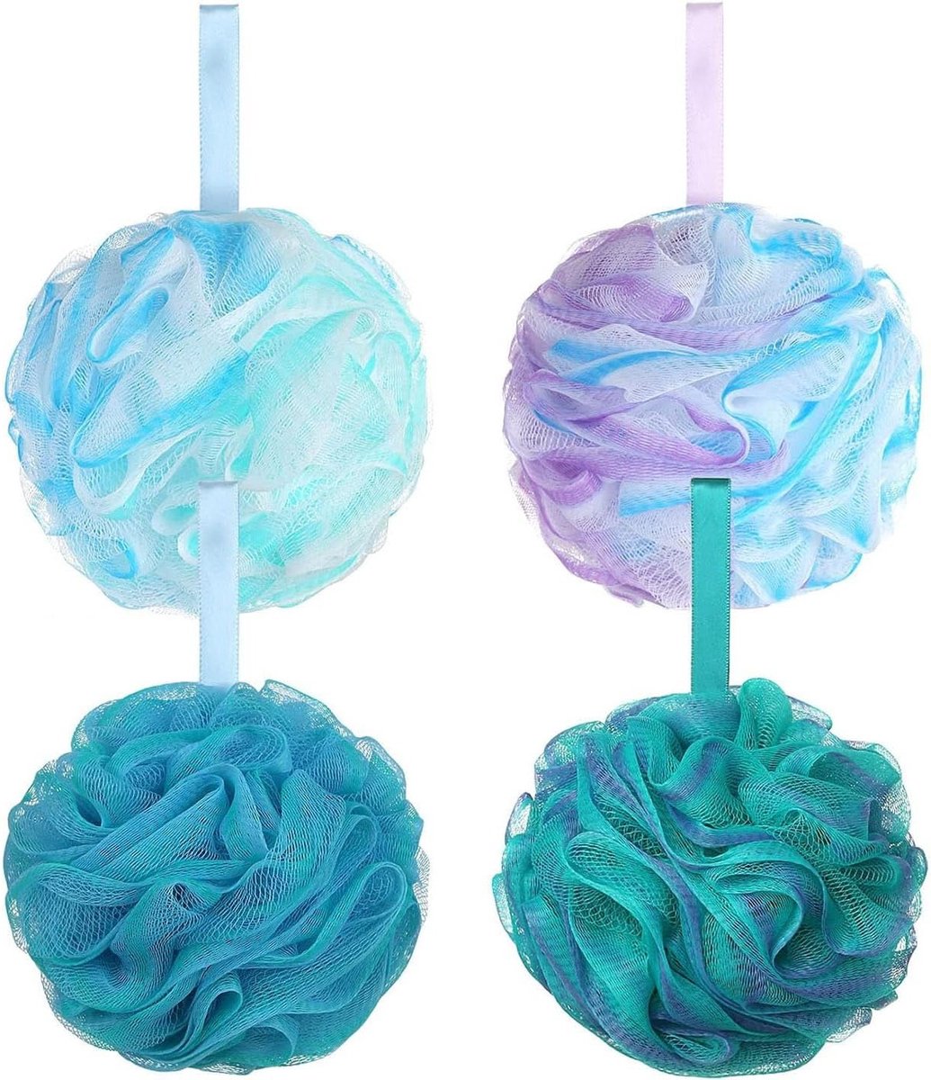 Extra Grote Mesh Douche Puff en Bad Spons - Set van 4 Stuks voor Effectieve Exfoliatie en Schuimende Reiniging in Groen en Blauw