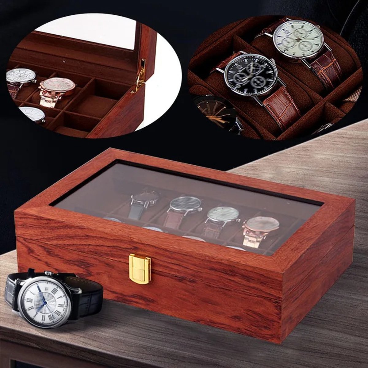 Dailygoods Scandinavisch minimalisme 12-slots heren sieradenopslag Vintage houten horlogedoos Display Organizer Caja Alm