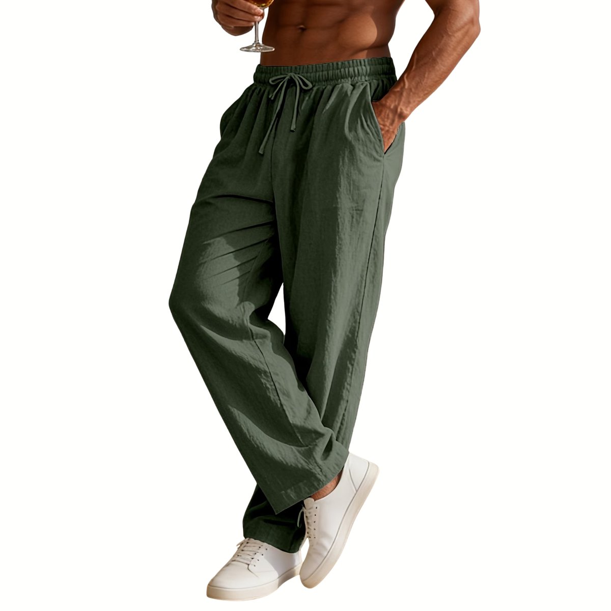 Currero Linnen Broek Heren - Zomerbroek - Volwassenen - Lange Broek - Pantalon - Strandbroek - Zomer - Ibiza Stijl - Olijfgroen M