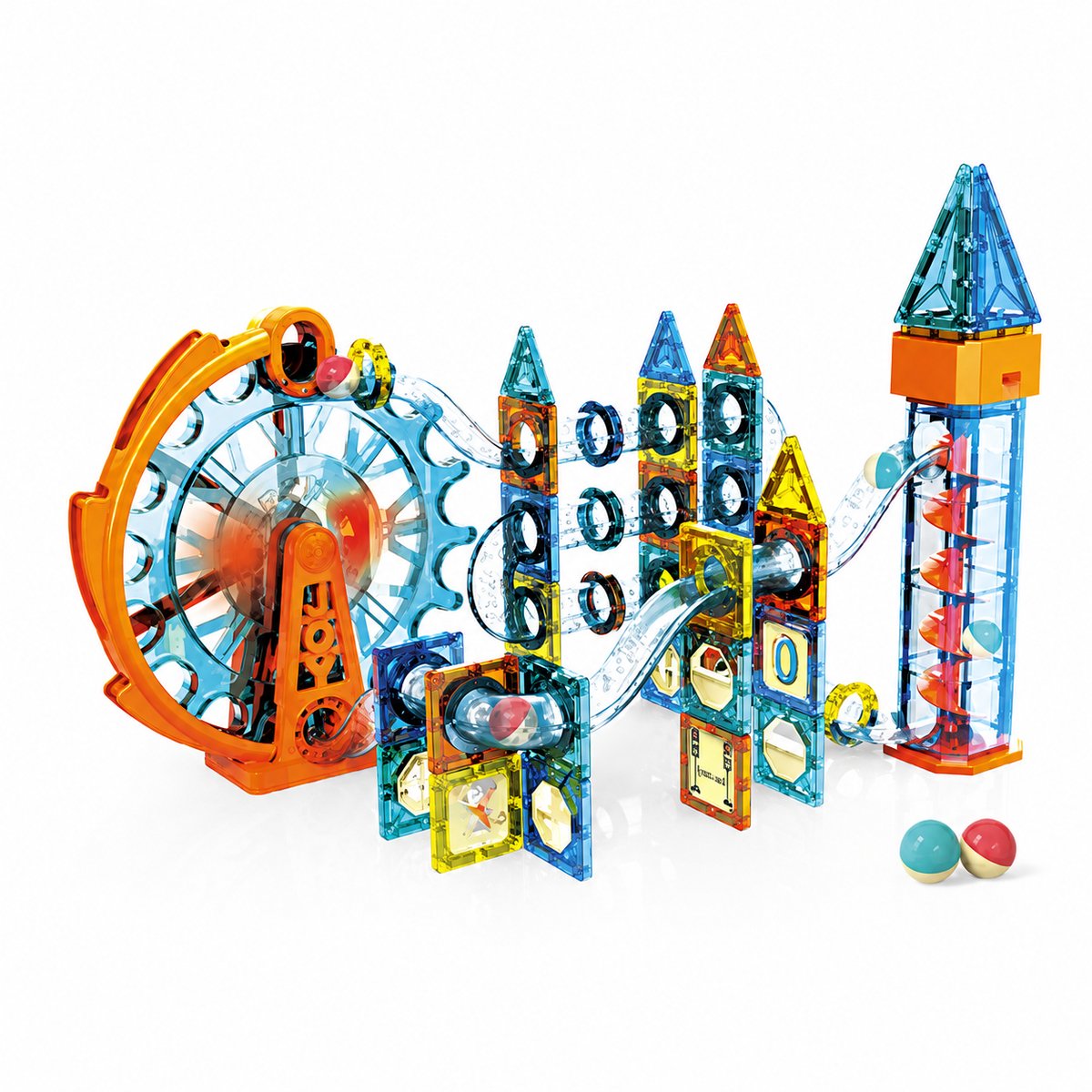 Magnetische Knikkerbaan 107 Stuks met Elektrische Lift, Muziek & LED Verlichting – Magnetische Bouwblokken met Reuzenrad – STEM Educatief Speelgoed voor Kinderen 3+ – Interactieve Marble Run Bouwset