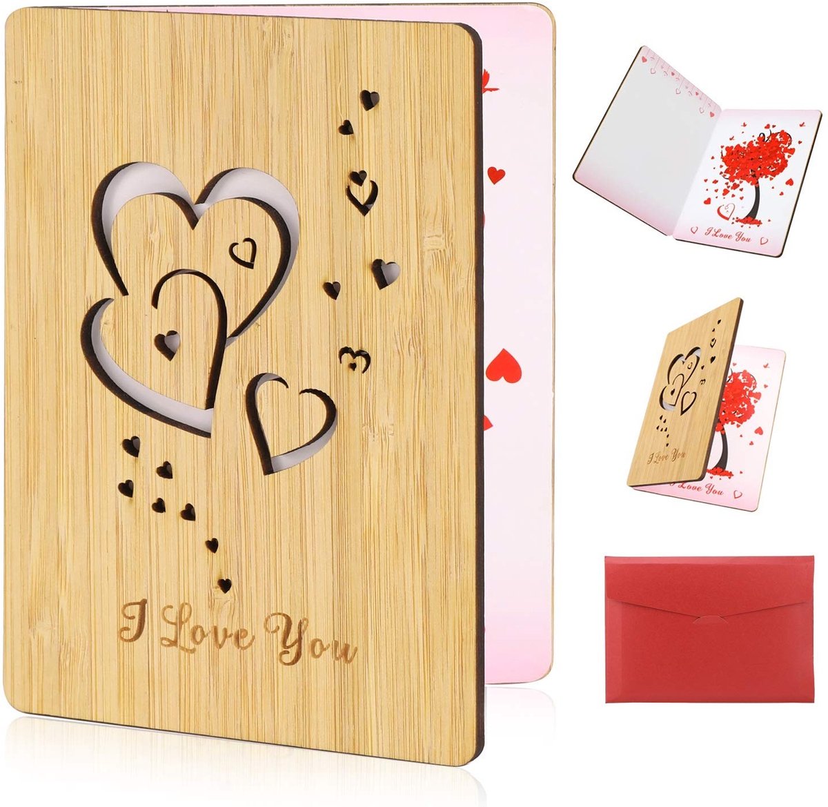 Dailygoods- Valentijnskaart Hout - Romantische Wenskaart - Liefdeskaart - Wenskaart voor Haar/Hem - Uniek Valentijnscadeau - Elegante Hart/Rozenmotieven