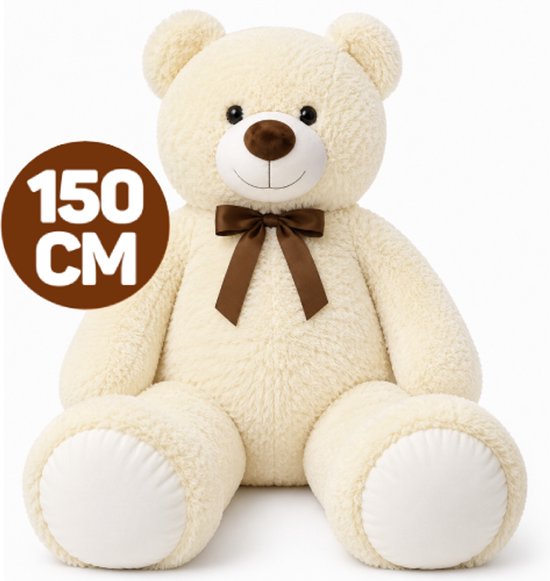 Teddybeer (Crème) Met Strik Pluche Knuffel XXL 150 cm - Grote Teddybeer - Mega XXXL Knuffelbeer - Zachte Pluche Knuffel - Grote Knuffelbeer Cadeau voor Kinderen