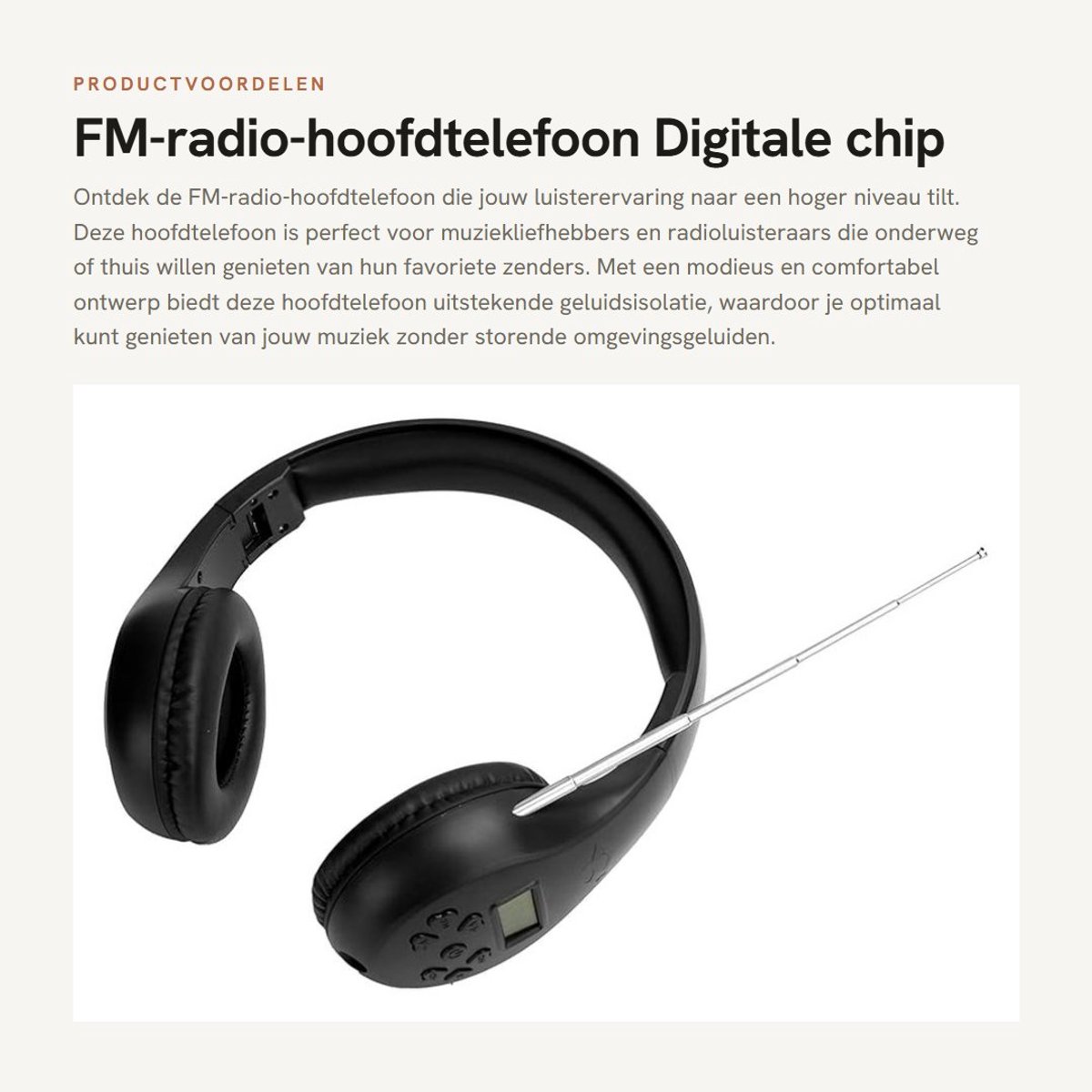 Dailygoods- FM-hoofdtelefoon met digitaal display - externe antenne - hoge gevoeligheid - comfortabele bediening - batterijcapaciteitsindicator - schokbestendig ontwerp
