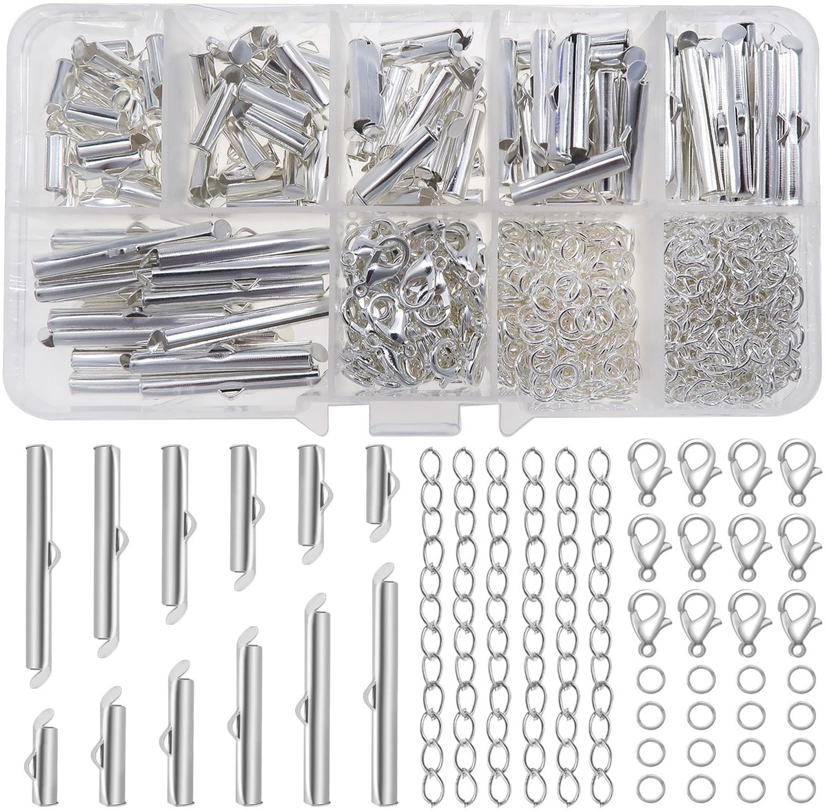 Dailygoods- Schuifsluitingen 540 stuks - Metaal - Zilverkleurig - Voor het maken van sieraden - Open springringen - Karabijnsluitingen - Verlengkettingen