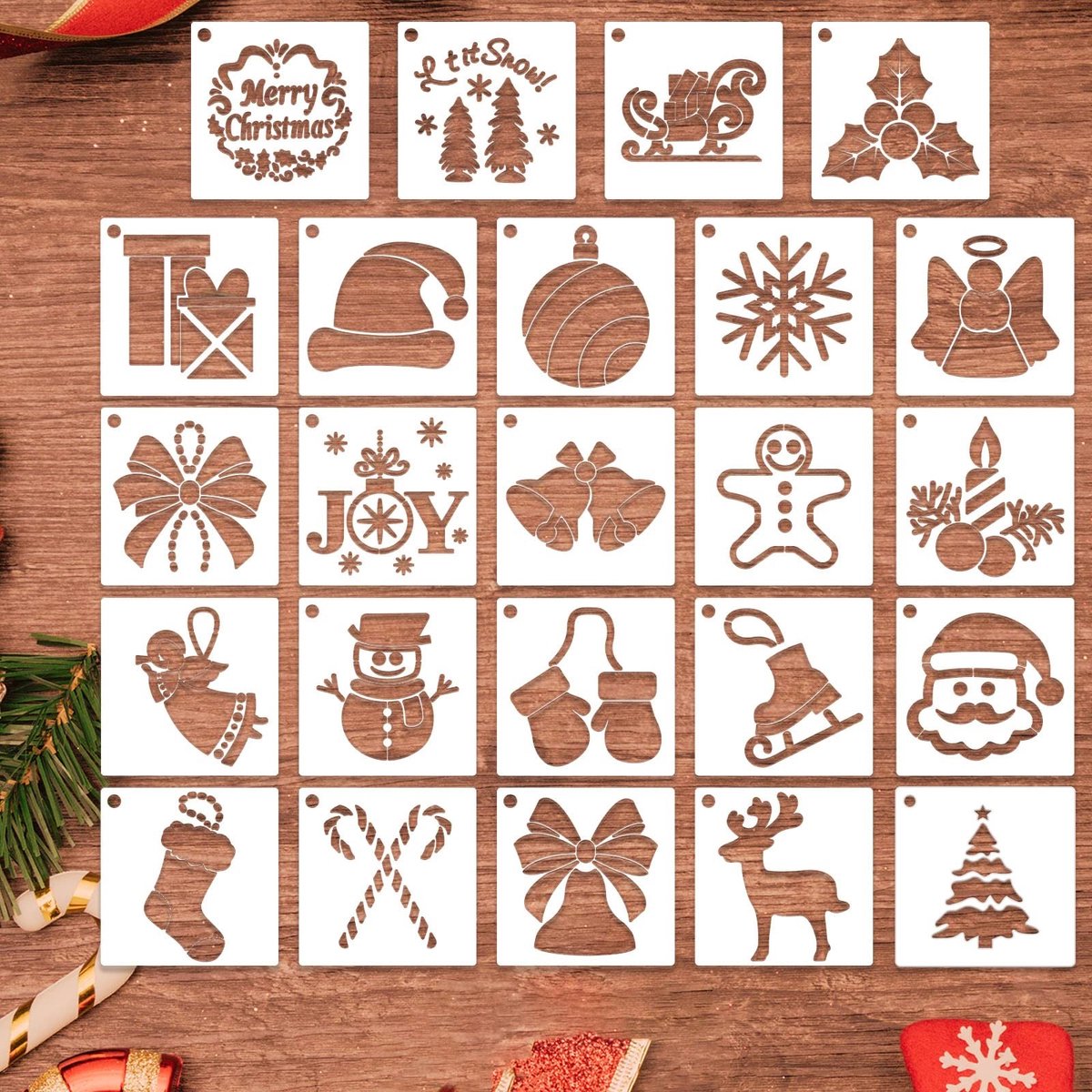 Dailygoods- Kerstsjablonen 24 stuks - Herbruikbare Schildersjablonen - PET Materiaal - Voor Hout en Muur - Ideaal voor Knutselen - Afmetingen 8 x 8 cm