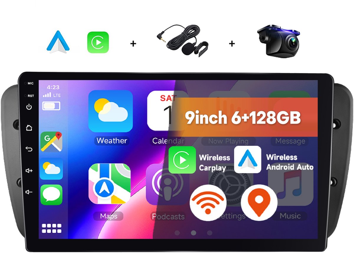 Boscer 2 Din Autoradio - Geschikt voor Seat Ibiza (2013) - Draadloos Apple CarPlay & Android Auto - 9 Inch HD Touchscreen - Android 15 - 6+128GB - GPS Navigatie - WiFi, Bluetooth & USB - Achteruitrijcamera & Microfoon