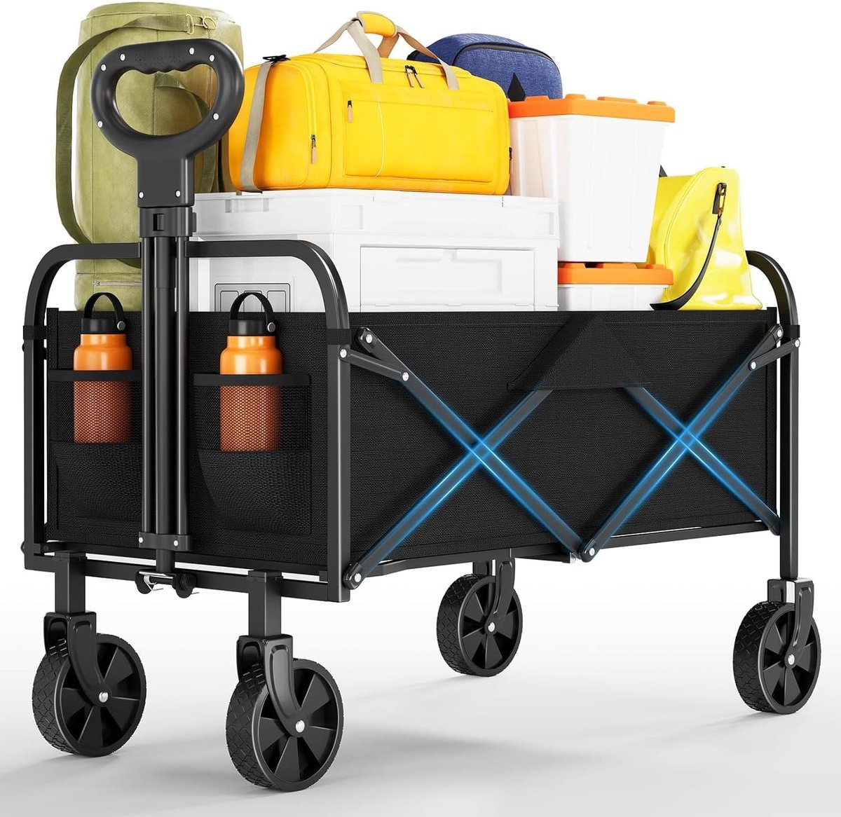 Opvouwbare Bolderkar – All-Terrain Bolderwagen met Luchtbanden/Brede Wielen – 220L Capaciteit & 170 kg Draagvermogen – Verstelbare Trekstang & Bekerhouders – Zwart