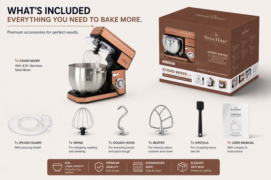 Swiss Haus® KM2285 Keukenmachine - 1500W Keukenrobot - 8.5L RVS Mengkom - 6 Snelheden + Pulse - Foodprocessor met Accessoires - Koper — afbeelding 2