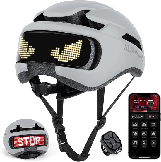 Lichtgrijze fietshelm met een LED-paneel dat een geanimeerd gezicht toont, met afstandsbediening en smartphone-app.