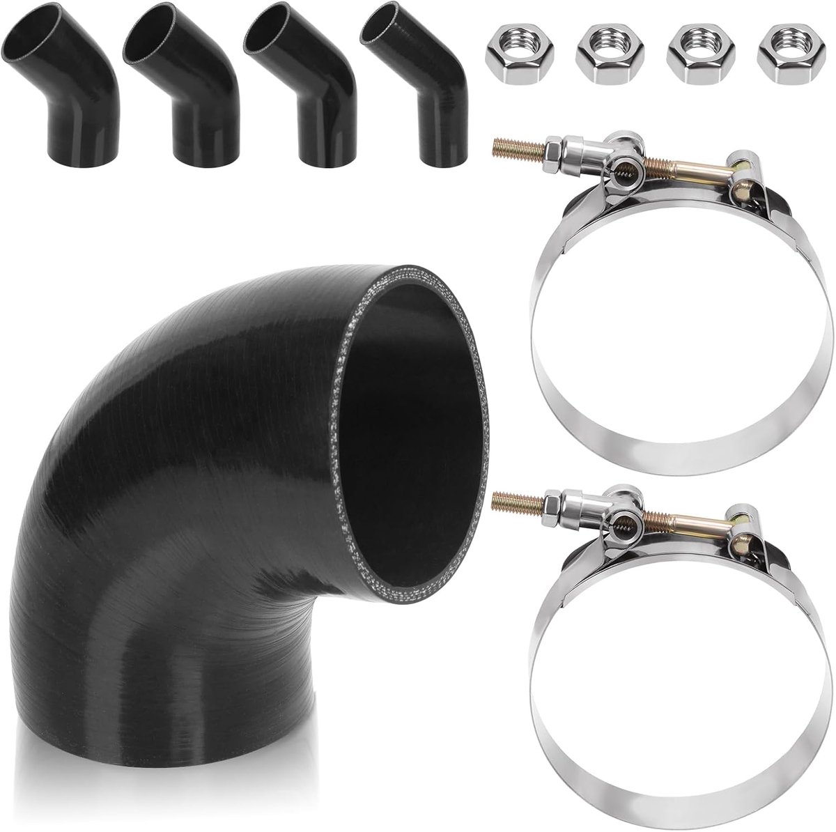 7pcs 90 Degree Elleboog Koppel Silicone Slang Set omvat 1pcs ID 3in 4-Ply Hoge Prestaties Koppel Silicone Slang 2pcs 3.3-3.7in T-Bolt Klem 4pcs M6 Hex Moer