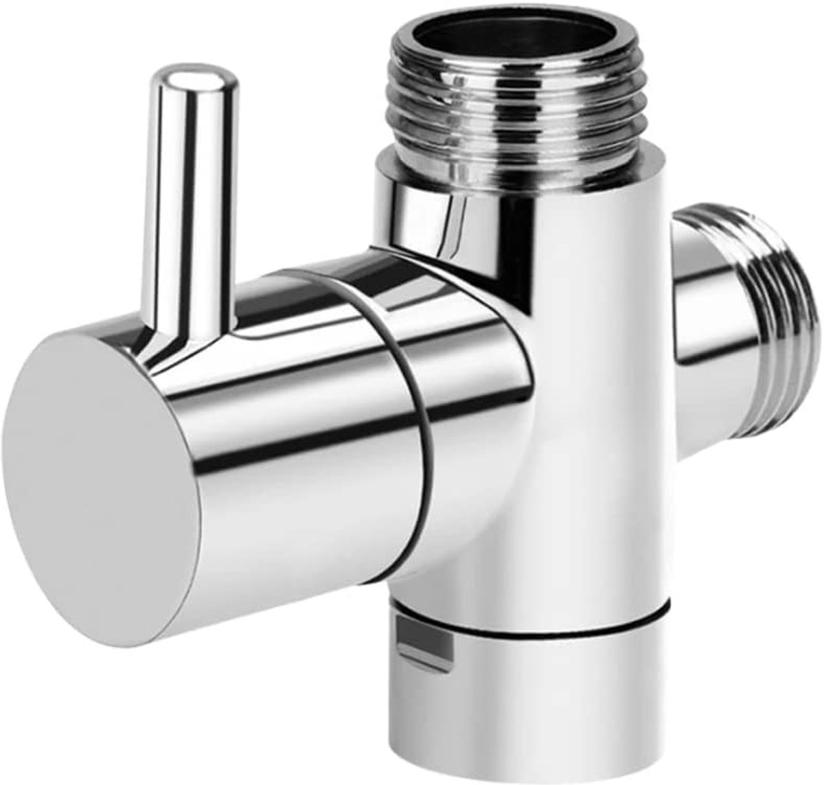 3-weg T-adapter, messing, chroom zilver, klep, doucheklep, 1/2" inlaat, 1/2" & 3/4" uitlaat, verchroomd, rubber, BSPP/G1/2, BSPP/G3/4, 4x4x2 cm