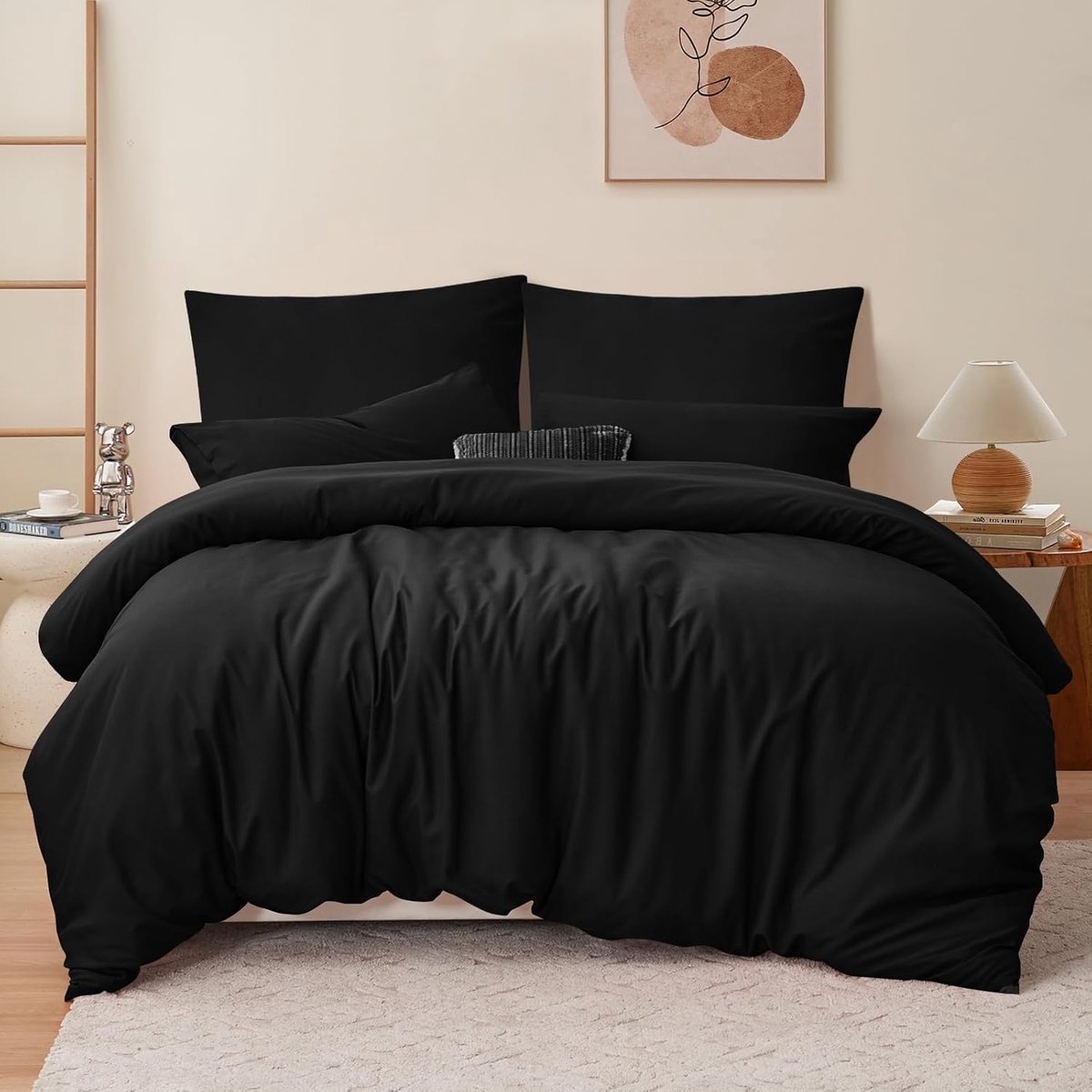 Dekbedovertrek 220 x 240 cm, zwart, met ritssluiting, beddengoedset voor tweepersoonsbed 180 x 200 cm met 2 kussenslopen 65 x 65 cm, strijkvrije microvezel