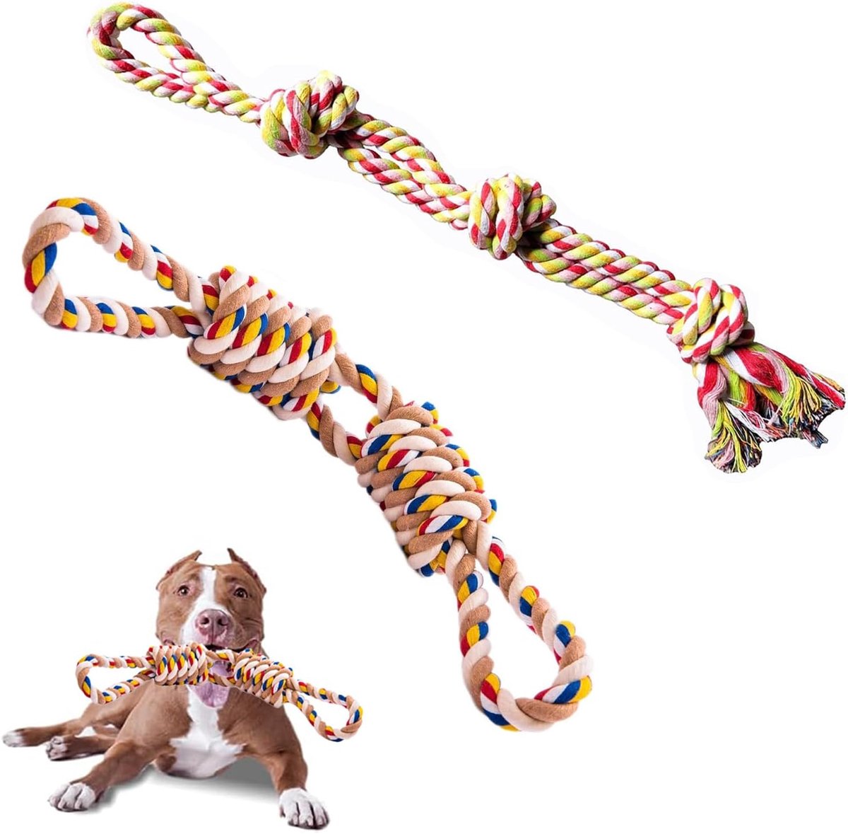 7WUNDERBAR Hond Speelgoed Hond Touw Kauw Speelgoed Hond Set, 2-delige Hond Kauw Speelgoed 55cm, Katoen Touw Hond Touw 3 Knop Tau Hond Tear Speelgoed Onvernietigbaar voor (middelgrote en kleine honden)