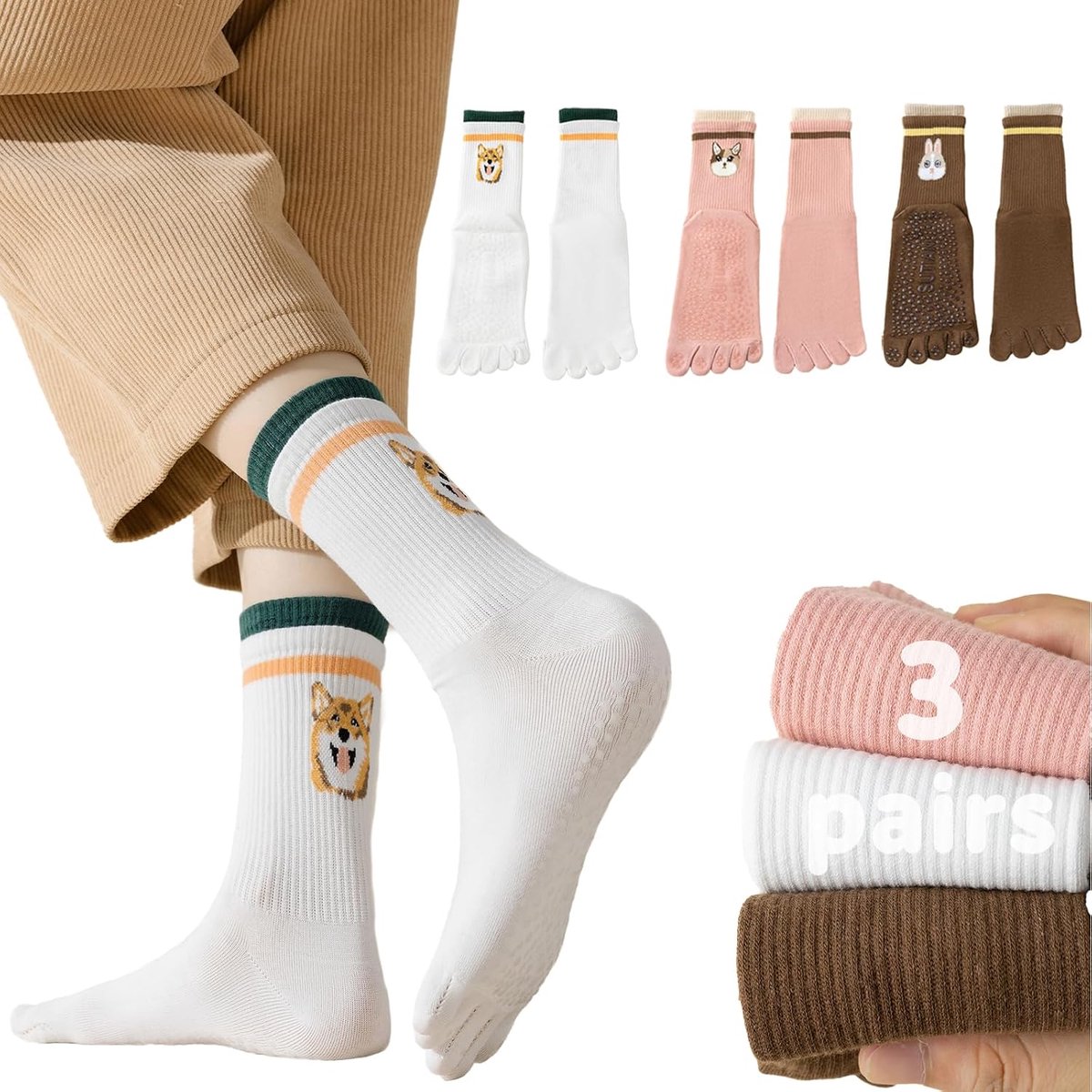 Sokken voor dames, 3 paar antislip teensokken voor yoga, pilates, ballet, dans, fitness, blote voetbal, gymnastiek, Meerkleurig., Eén maat