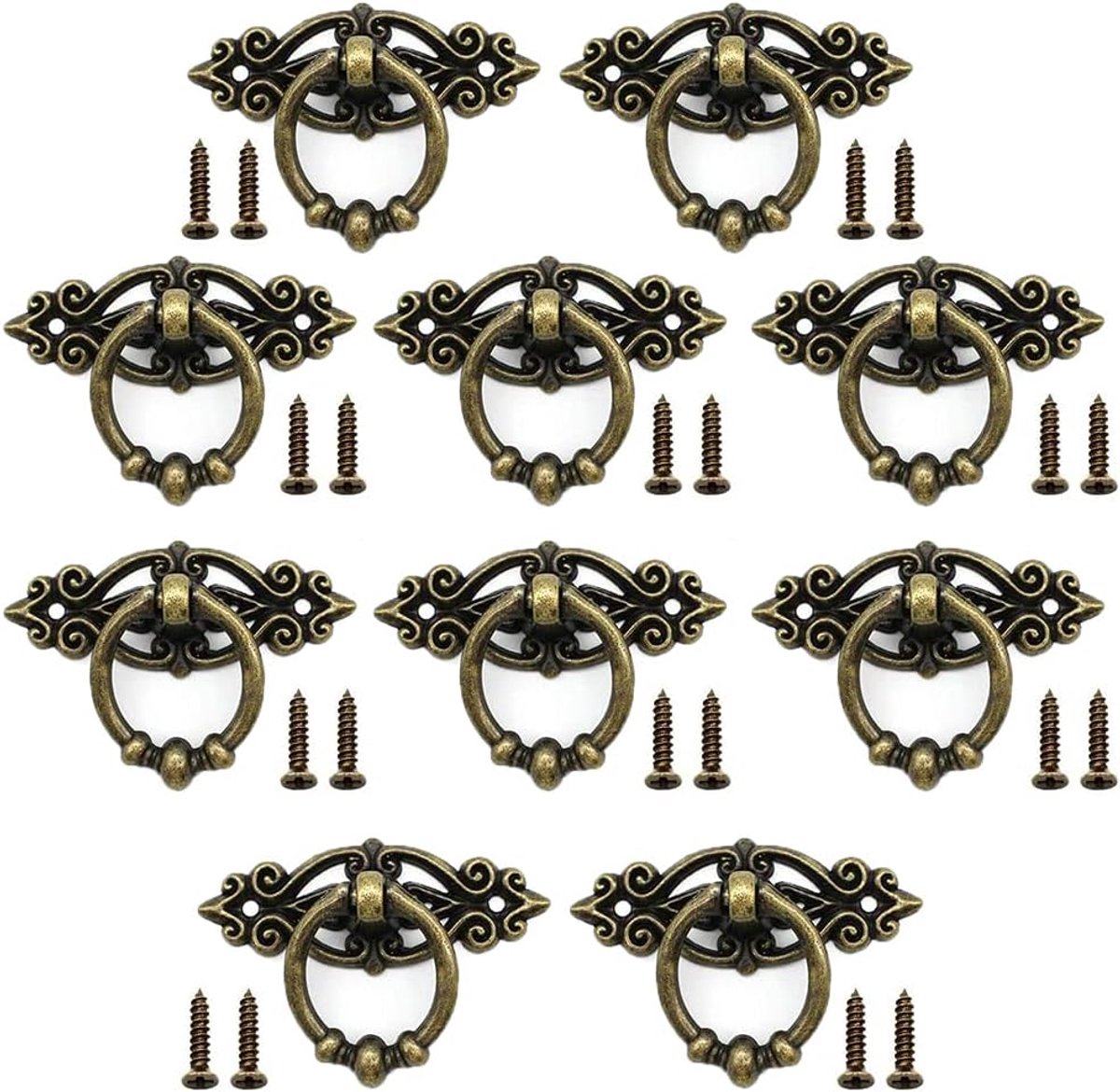 10 stuks Retro lade trekgrepen, antieke lade trekgrepen, vintage kast ring trekgrepen, zinklegering, met 20 stuks schroeven, voor kast kast kast lade dressoir deurmeubilair (Bronze)