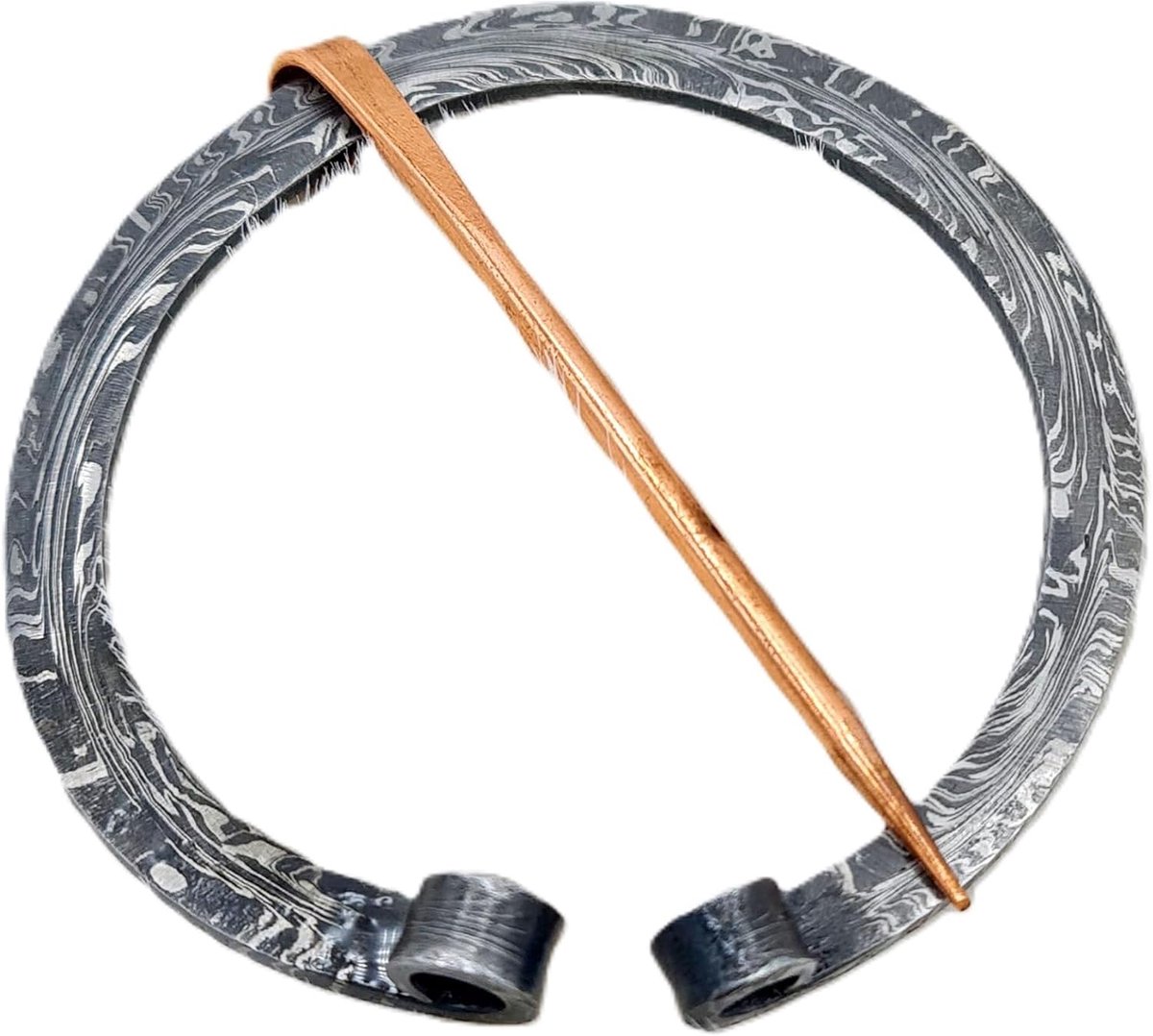 Middeleeuwse Damascus stalen ring, messing naald, handgemaakte Vikingfibel LARP, kledingnaald, gewaakte naald, sluiting, Standaard, damast staal, messing