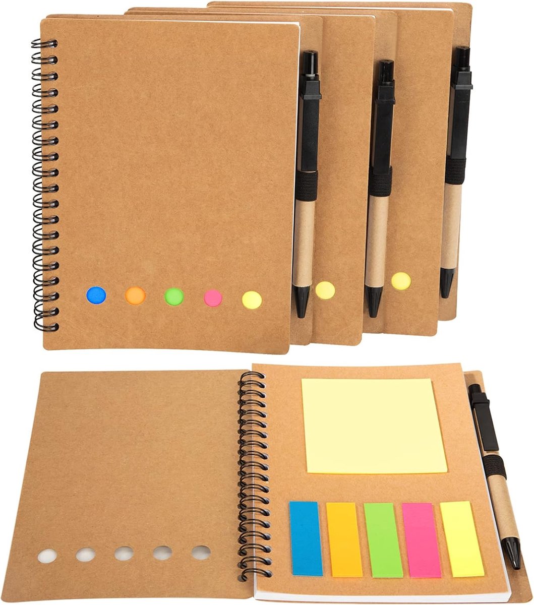 notitieboek, spiraalboek, kraftpapier-afdekking, notitieblok, dagboek, notitieboek met pen in houder & zelfklevende notities & kleurrijke zelfklevende markeerstiften, folie voor school,