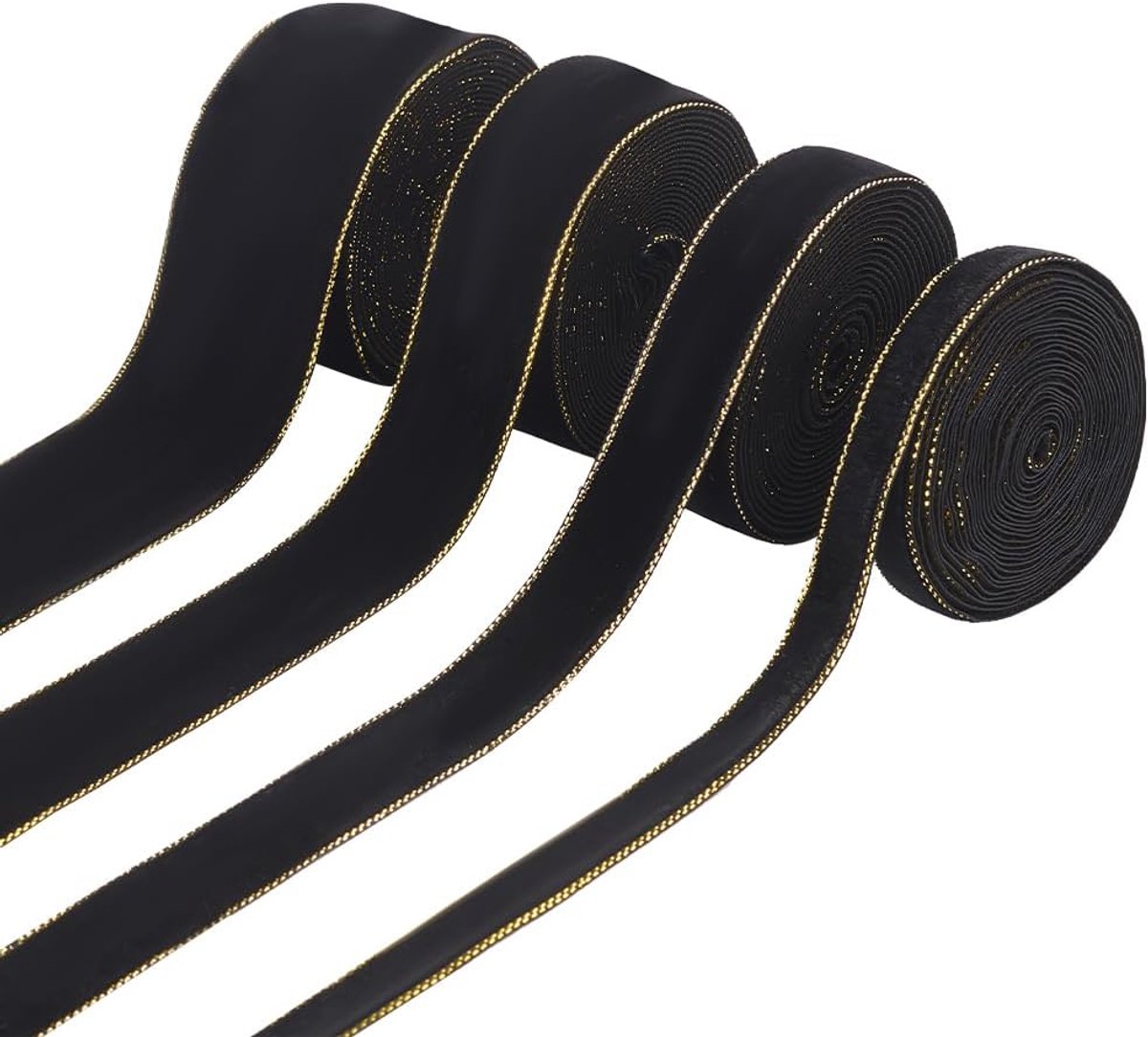 PandaHall Fluwelen lint met draad 30 m, 4 maten, 0,4/0,7/1/1,5 inch breed, zwart fluwelen lint met gouden rand voor kerstdecoratie, geschenkverpakking,