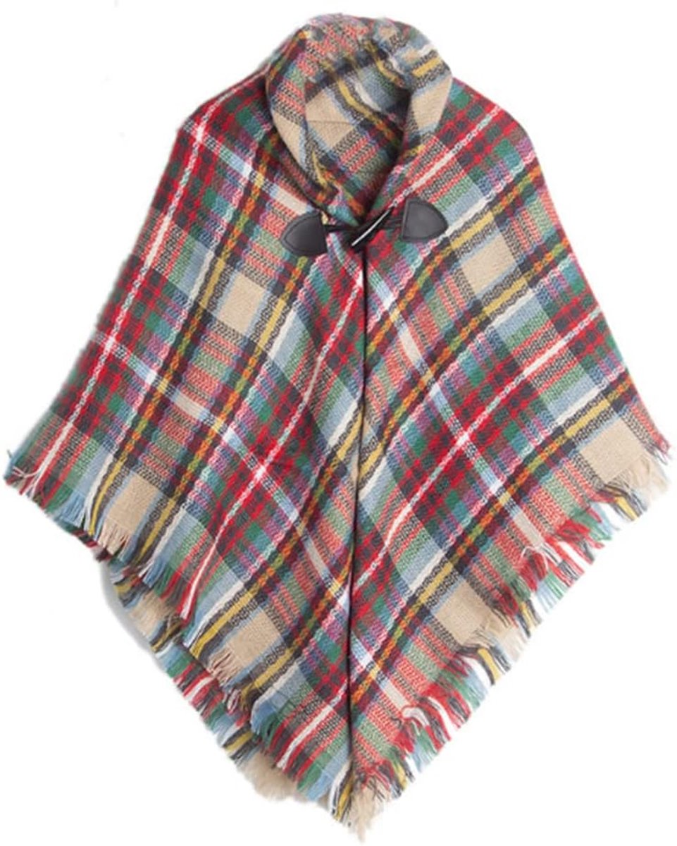 Meisjes tartan sjaal met hoorn gesp, geruite omslag, poncho cape sjaal voor kinderen, herfst en winter warme sjaals, hoofddoek-sjaal,One size