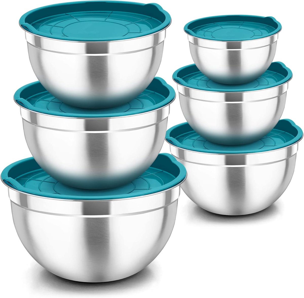 Mengkommen, set van 6, roestvrij stalen kommenset, slakommenset met luchtdicht deksel, ideaal voor mengen en serveren, stapelbaar en vaatwasmachinebestendig, 4,5 l, 2,7 l, 2,5 l, 1,5 l, 1,2