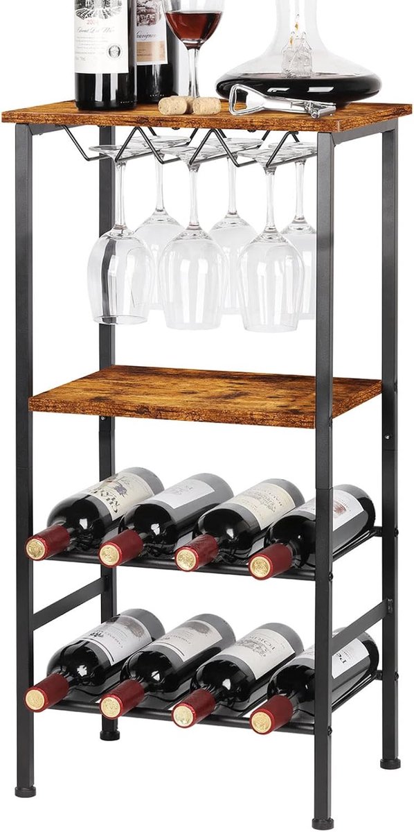 Wijnrek vrijstaande vloer, wijntafel bar kast met glazen houder wijnrek met opbergplanken wijnrek wijnrek voor 8 flessen en 9 glazen, industrieel bruin | Industriële Bruine Wijntafel Bar Kabinet Wijn Display Rack Hold 8 Fles en 9 Glazen