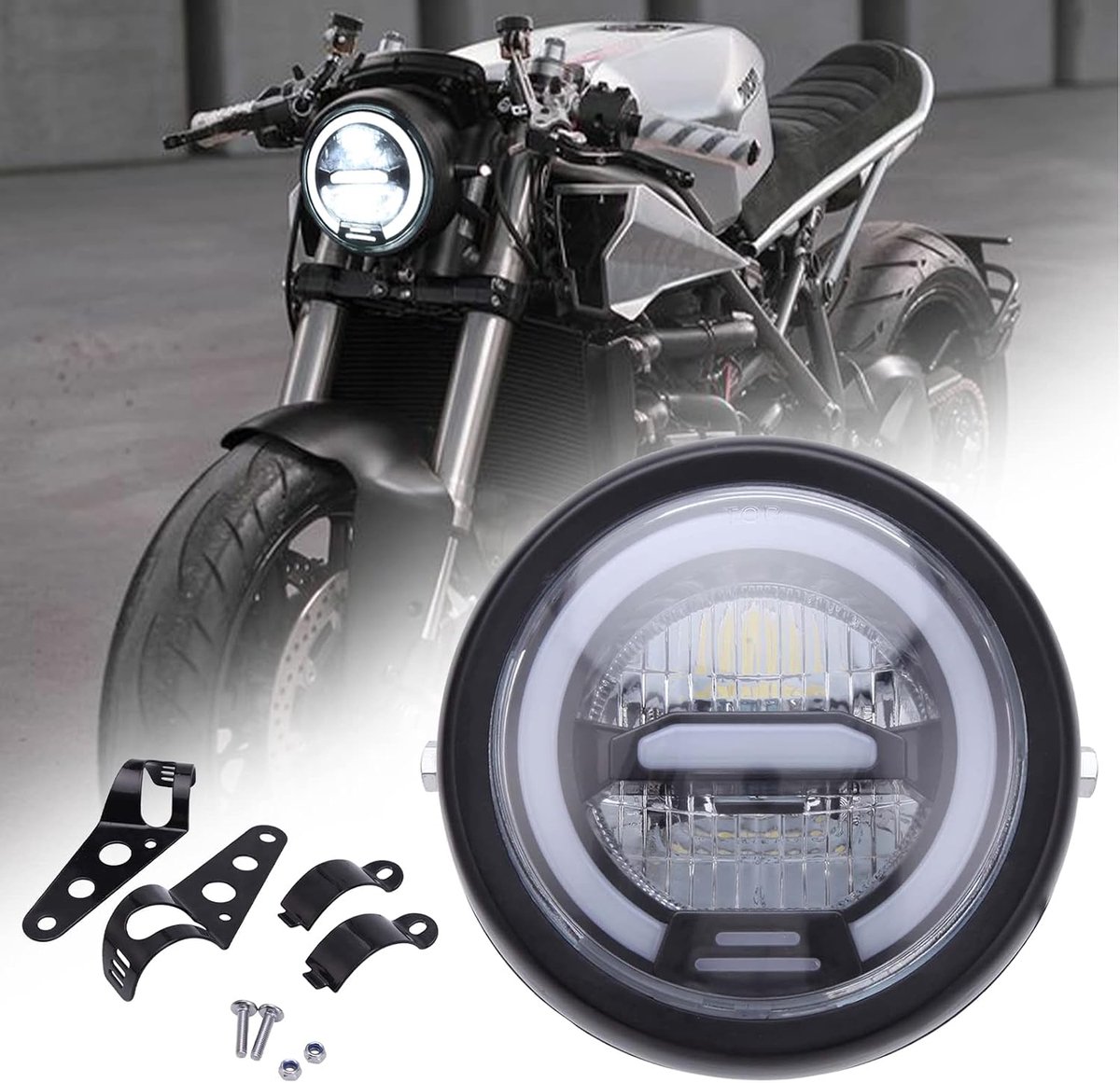Led-koplamp van 16,5 cm (6,5 inch) met houder voor motorfiets, universele lamp voor dagrijlicht, halo, DRL, wit licht, 12 V, voor Bobber Chopper Cafe Racer, Retro