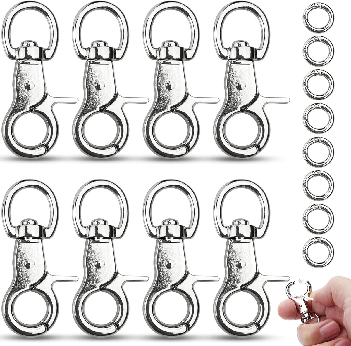 8 Stks Bolzenkarabiner, Scherenkarabiner met draaischarnier voor hondenketting, kattenriem, sleutelkoord, cameragordel met 8 Stks ronde karabijnhaak (zilver)