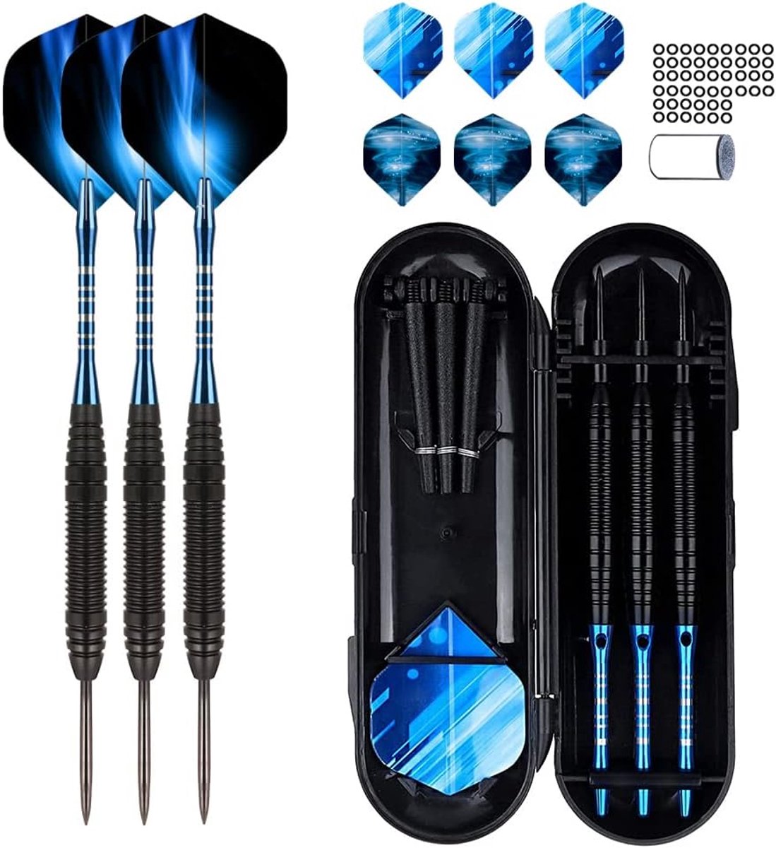 Professionele dartpijlen, dartpijlen met metalen punt, punt van wolfraamstaal, professionele stalen punt, dartpijlen met stalen punt (blauw)