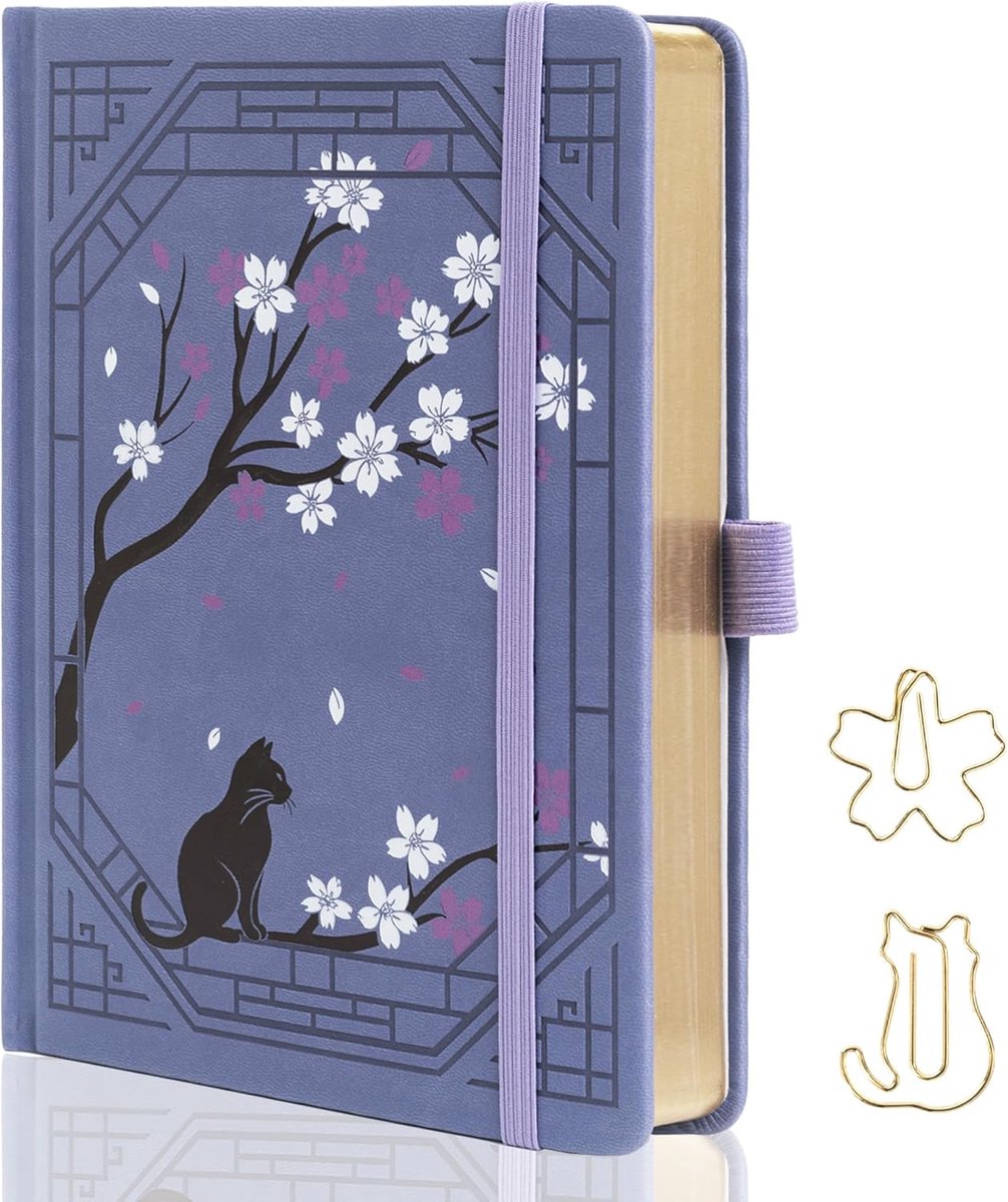 SnelShoppen - A5 Lijn Notitieboek, Schattig Katten Dagboek voor Vrouwen en Meisjes, Gekleurd Sakura Patroon, Esthetisch Journal met Gouden Hoeken