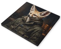 Canvas schilderij woestijnvos fennek (Vulpes zerda) tactische avonturier stoere dieren illustratie wanddecoratie kunst uniek cadeau voor dierenvrienden en avonturiers vierkant doek 40x40 cm